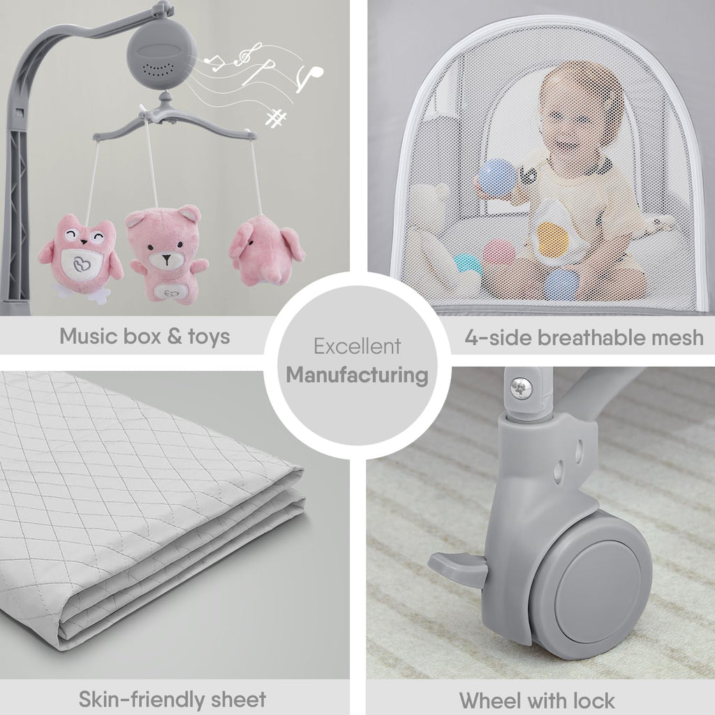Pink Baby Bassinet Bedside Crib with Mattress E475