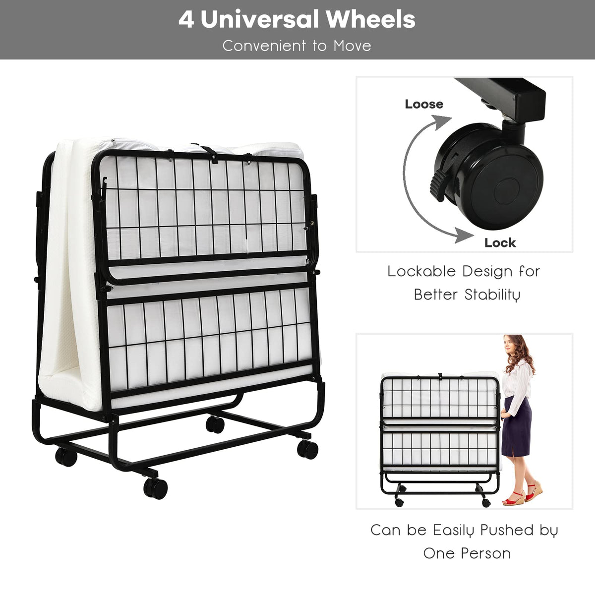 Folding Bed with Mattress Twin Size Metal Frame Memory Foam T2097