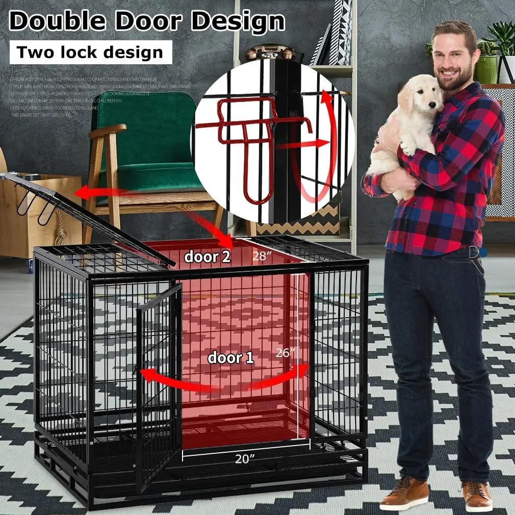 Extra Large Double-Door Heavy Duty Metal Dog Crate (Black, 48 inch) E602