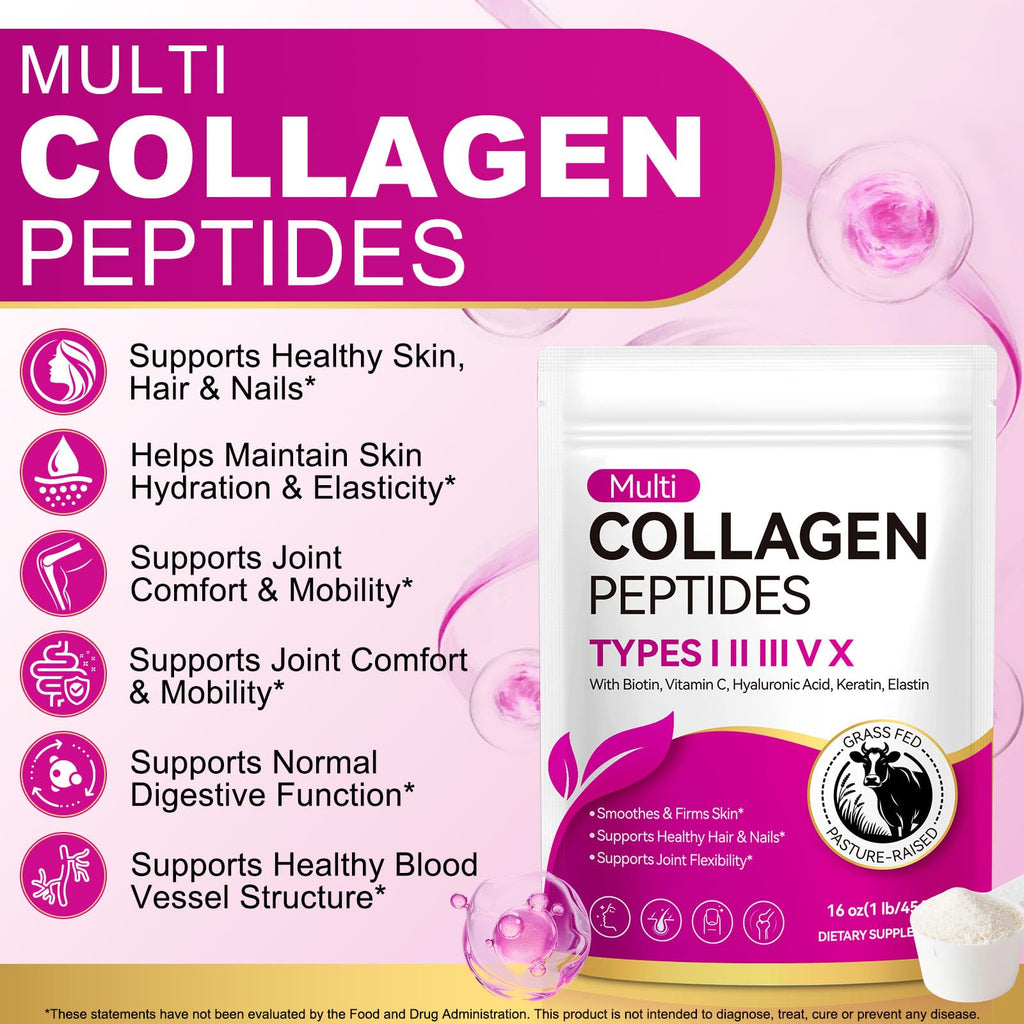 Multi Collagen Peptides Powder Types I II III V X 16 Oz Hydrolyzed with Biotin Unflavored I723807