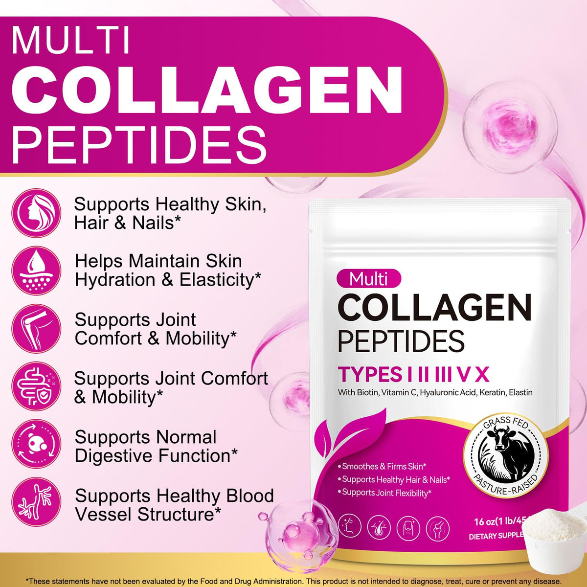 Multi Collagen Peptides Powder Types I II III V X 16 Oz Hydrolyzed with Biotin Unflavored I723807