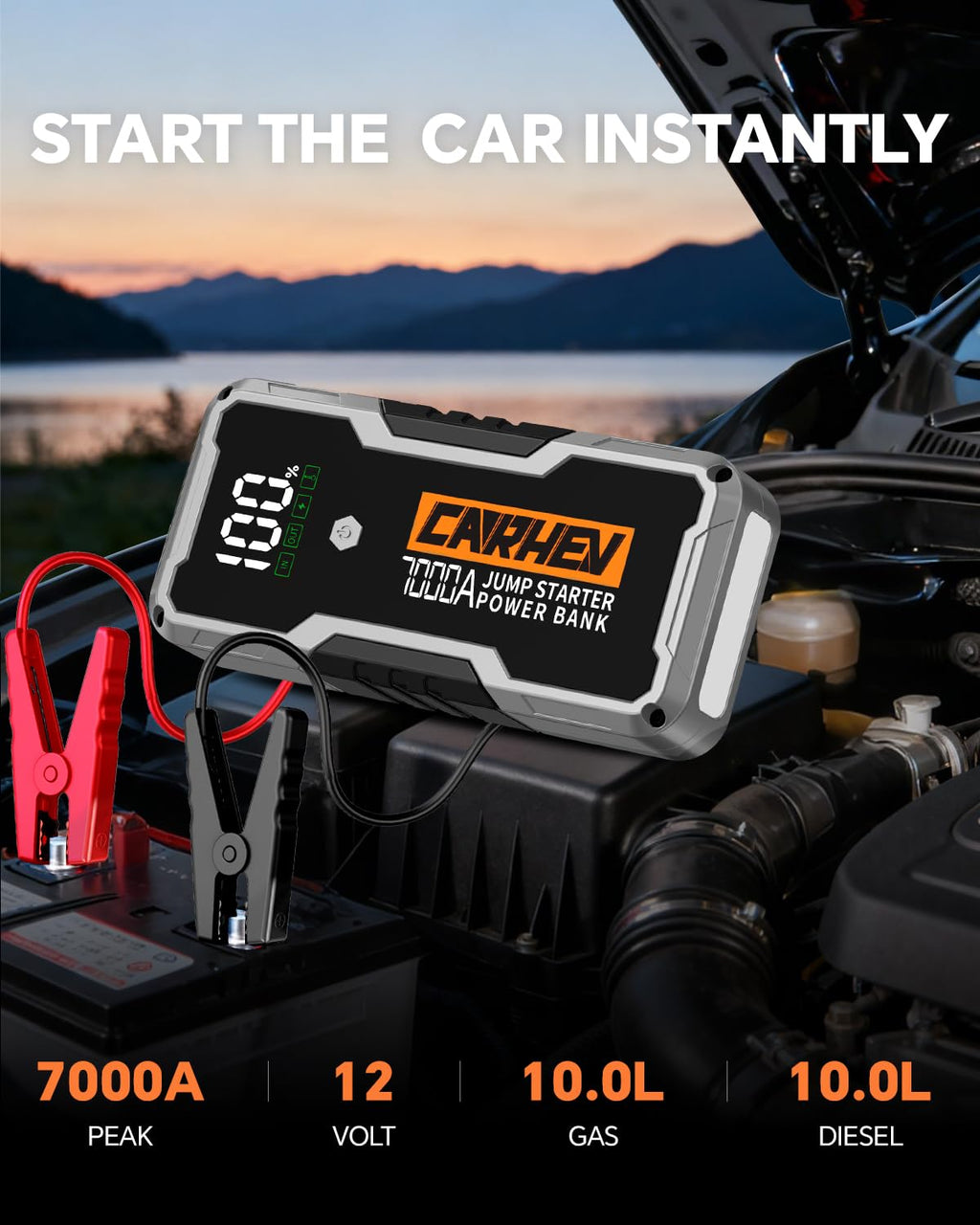 Car Battery Jump Starter Portable 12V with Jumper Cables LED Light Z746