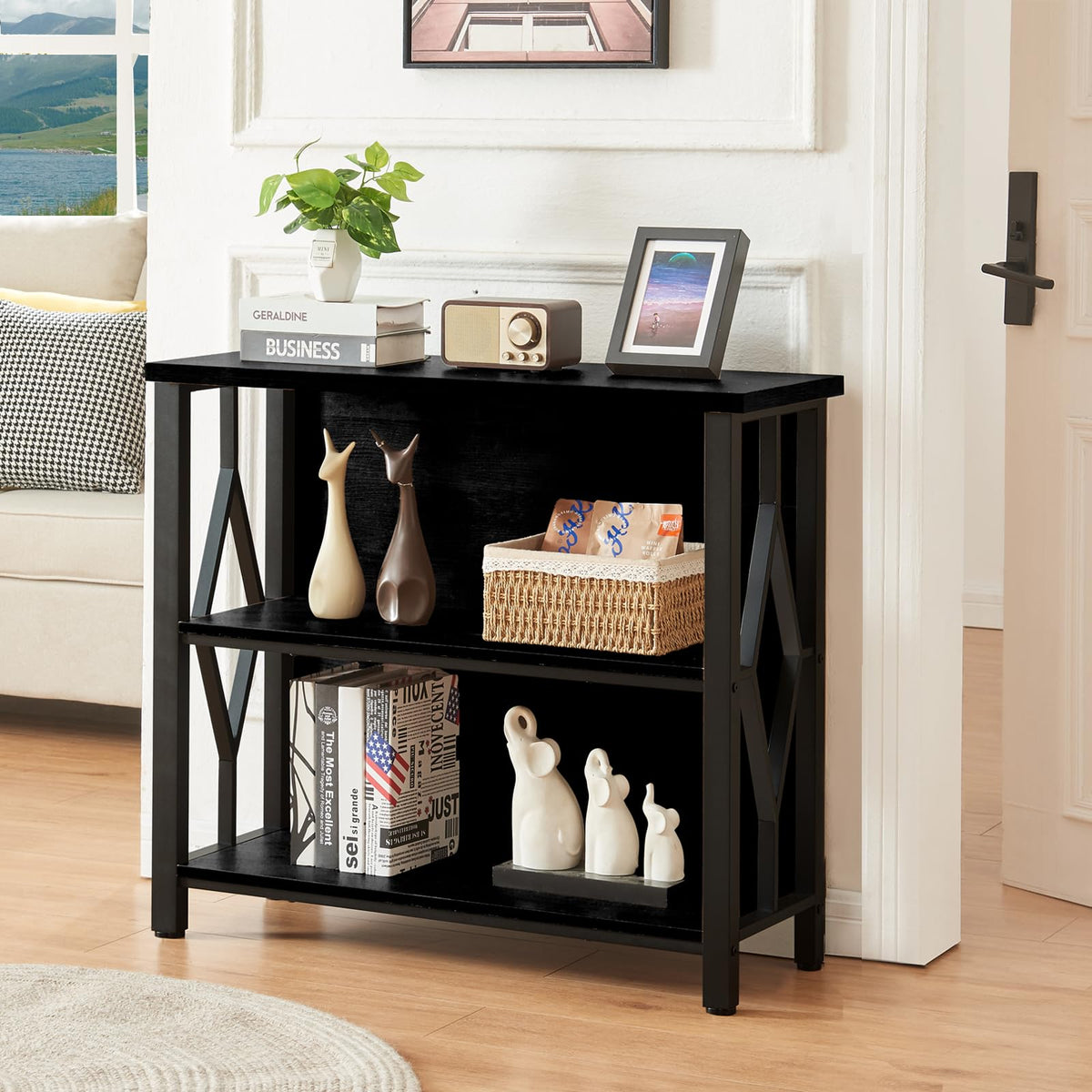 Black 3-Tier Engineered Wood Bookshelf D681