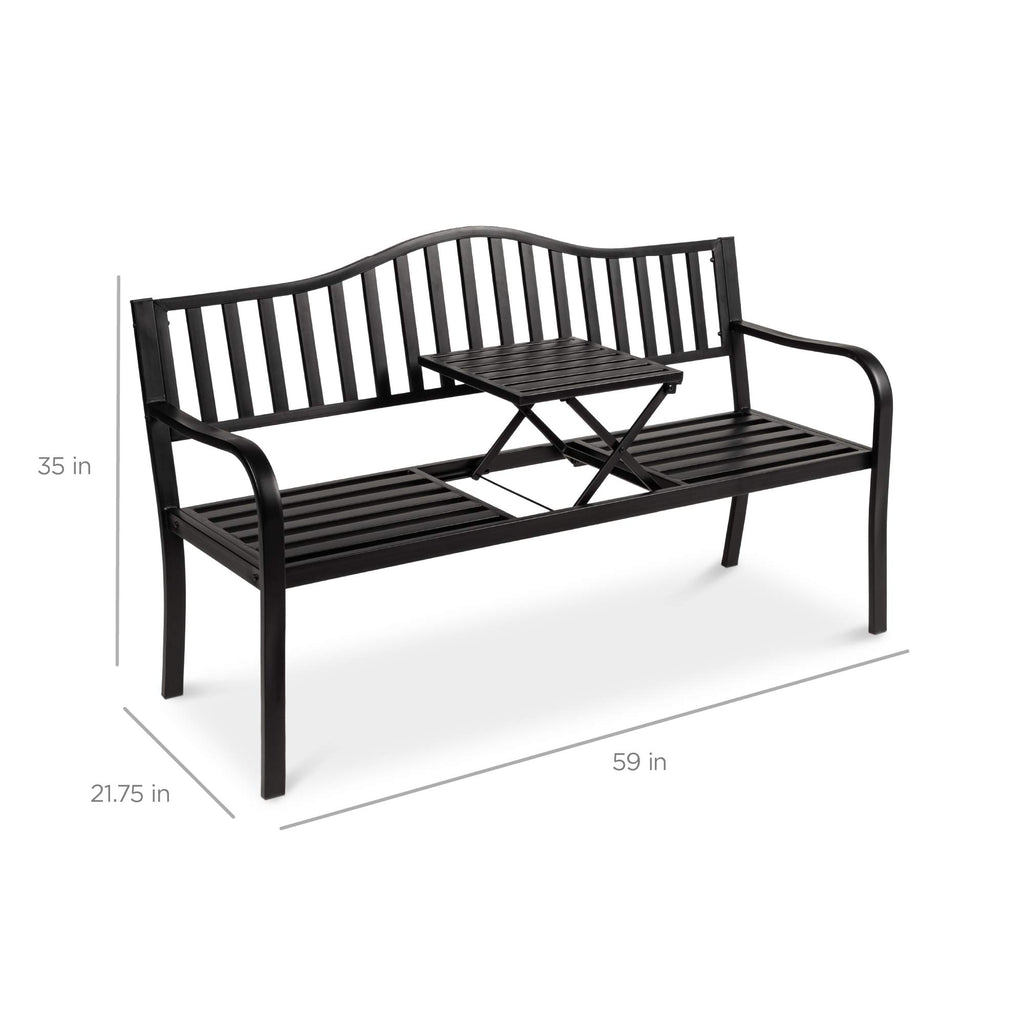 Black Steel Outdoor Garden Bench with Pullout Middle Table E28644