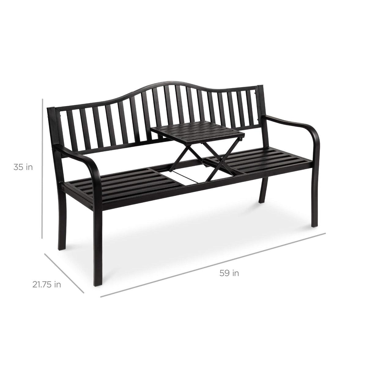 Black Steel Outdoor Garden Bench with Pullout Middle Table E28644