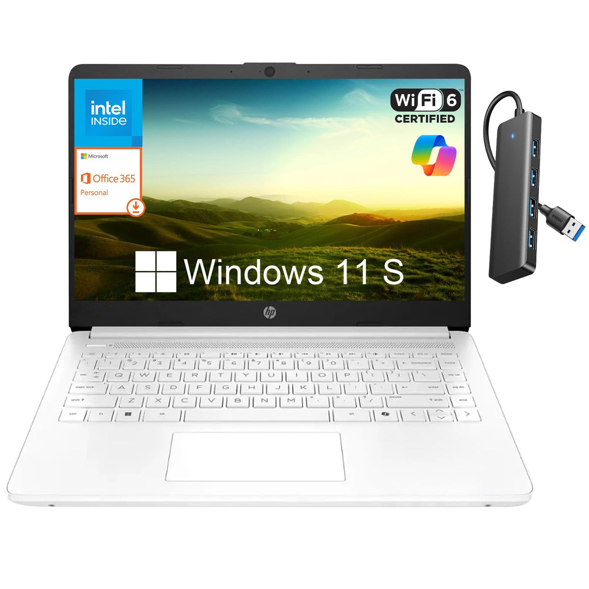 14 Inch Laptop, Intel Celeron N4500, 4GB RAM, 128GB Storage, Windows 11 S, Snowflake White J241840