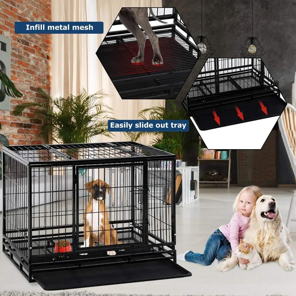 Extra Large Double-Door Heavy Duty Metal Dog Crate (Black, 48 inch) E602