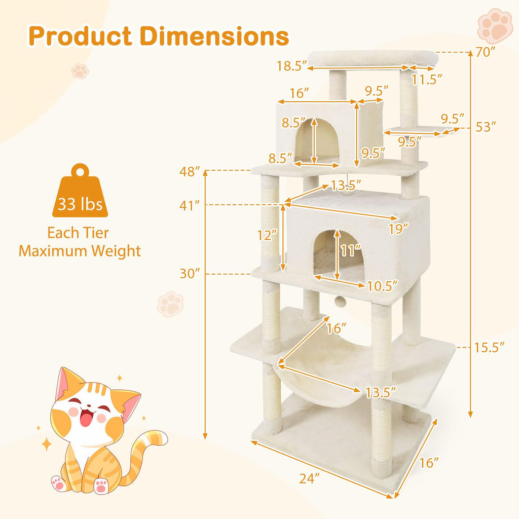 70 Inch Multi-Level Cat Tree with Sisal Scratching Posts and Condos Y50259