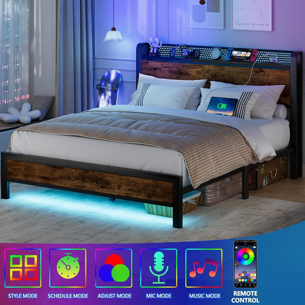 Full Bed Frame with Headboard and LED Lights Q62854