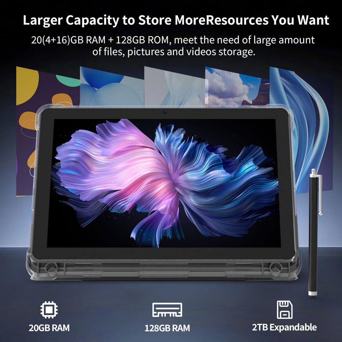 10 inch Tablet 20GB RAM 128GB ROM Octa-Core with Case and Stylus Black D6695
