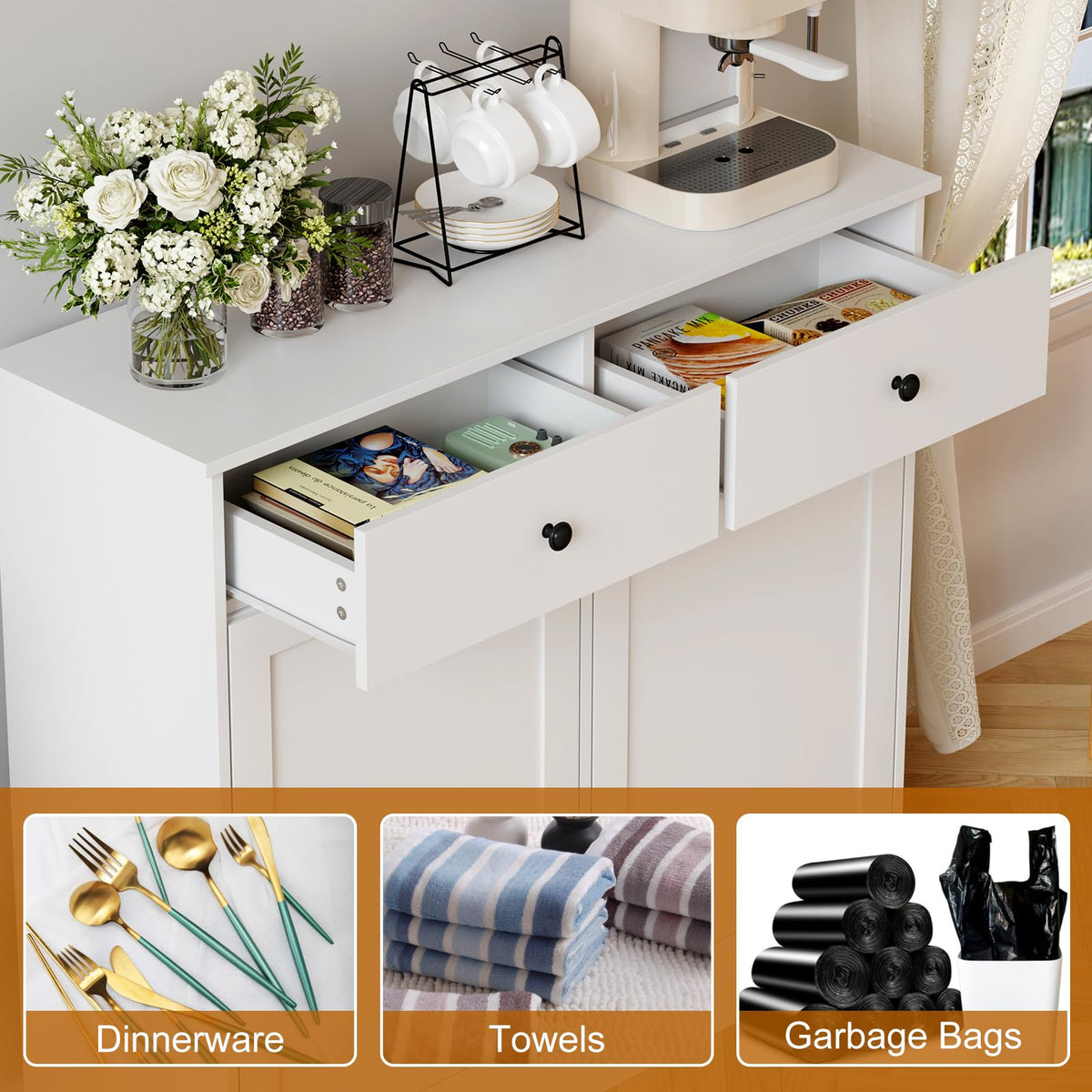 White 20-Gallon Wooden Tilt-Out Trash Can Cabinet G384822