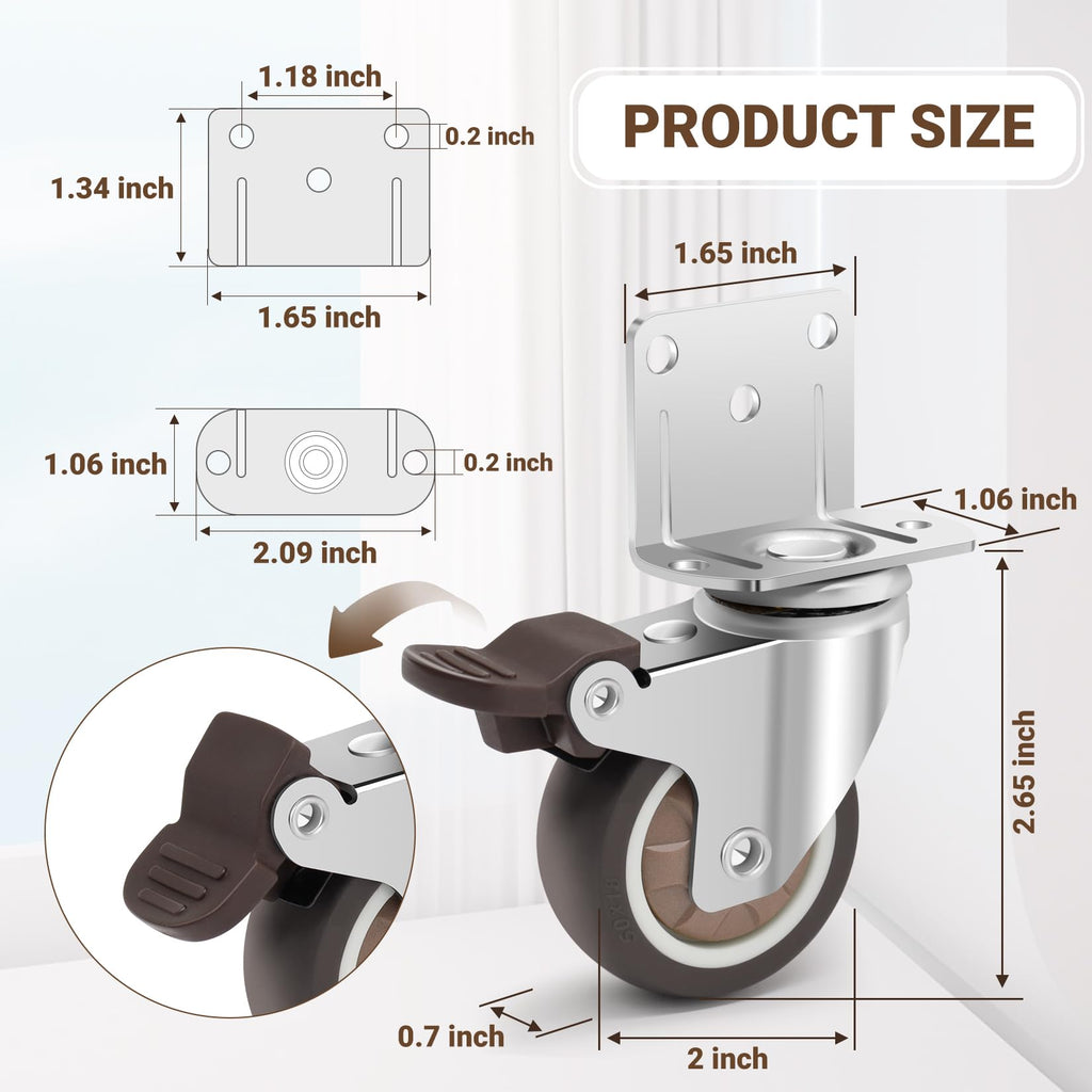 2 Inch L-Shaped Rubber Casters Set of 4 with Brakes C87990
