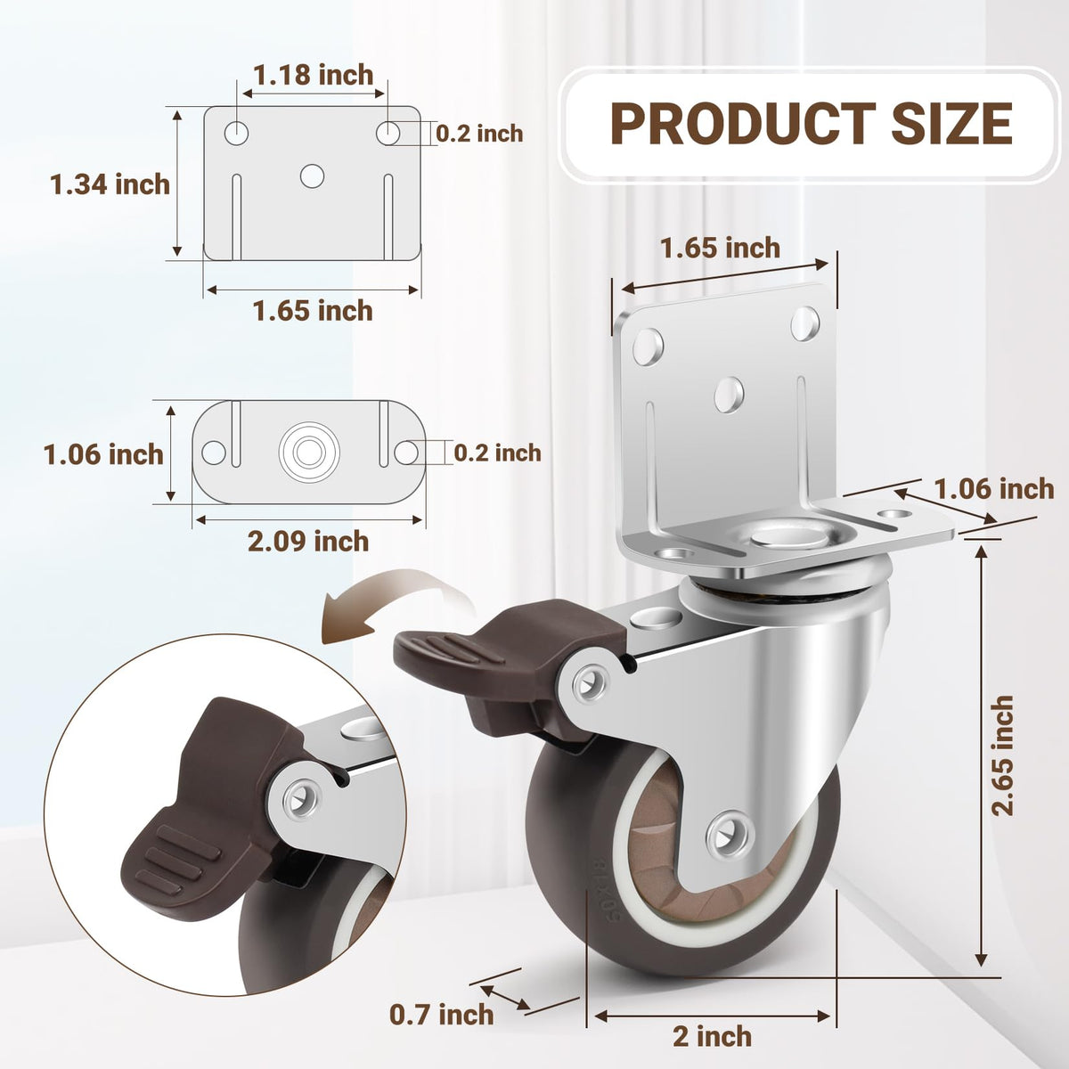 2 Inch L-Shaped Rubber Casters Set of 4 with Brakes C87990