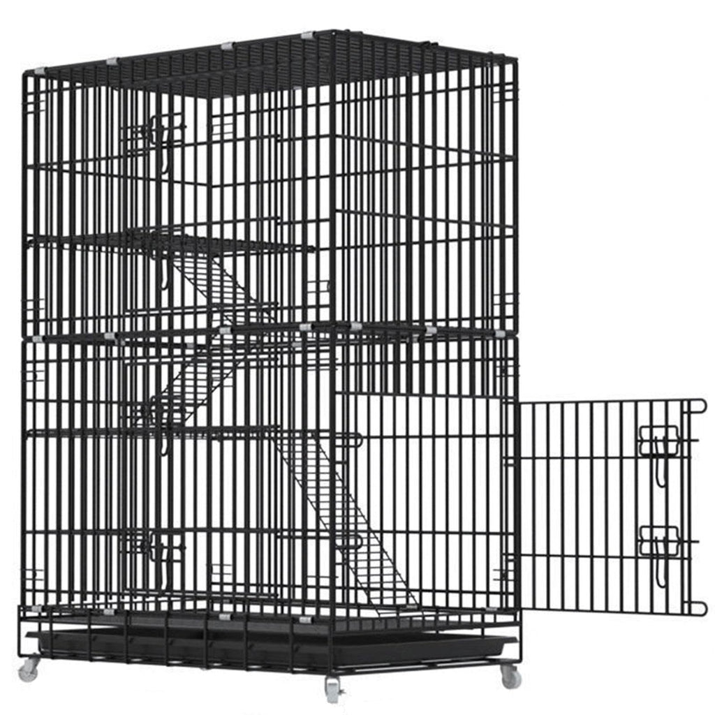 Large Black 4-Tier Folding Metal Wire Cat Cage with Hammock & Ramp Ladders H90467