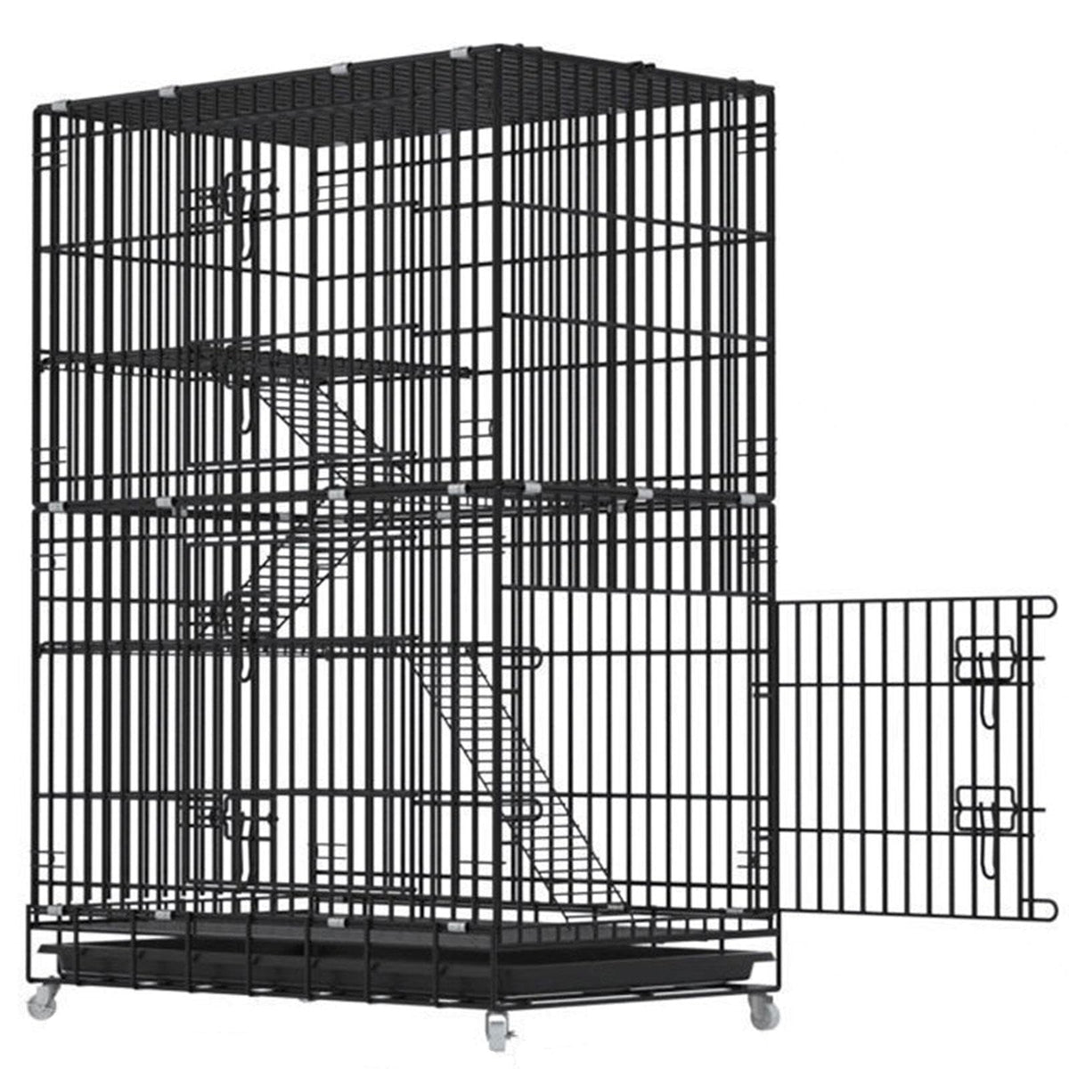 Large Black 4-Tier Folding Metal Wire Cat Cage with Hammock & Ramp Ladders H90467