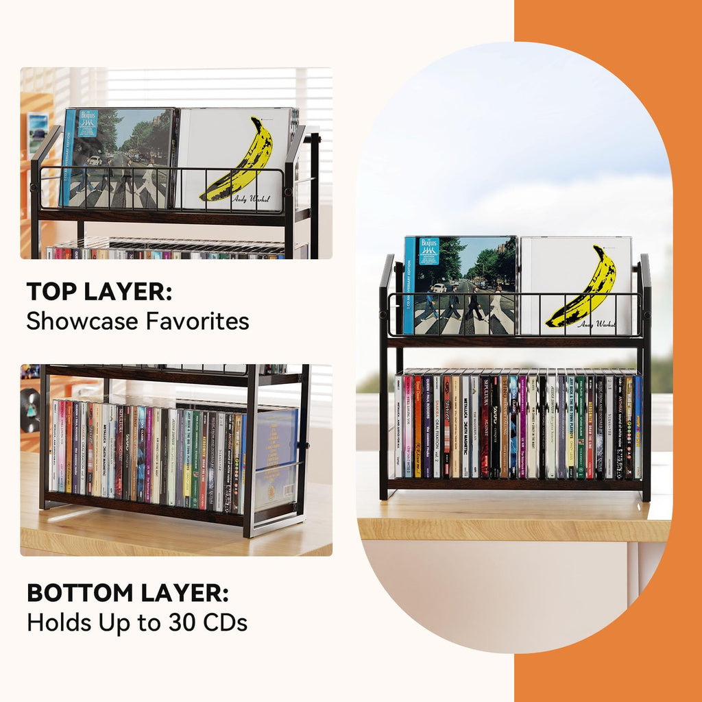2 Tier CD Storage Rack Holds 60 Cases Brown O13546