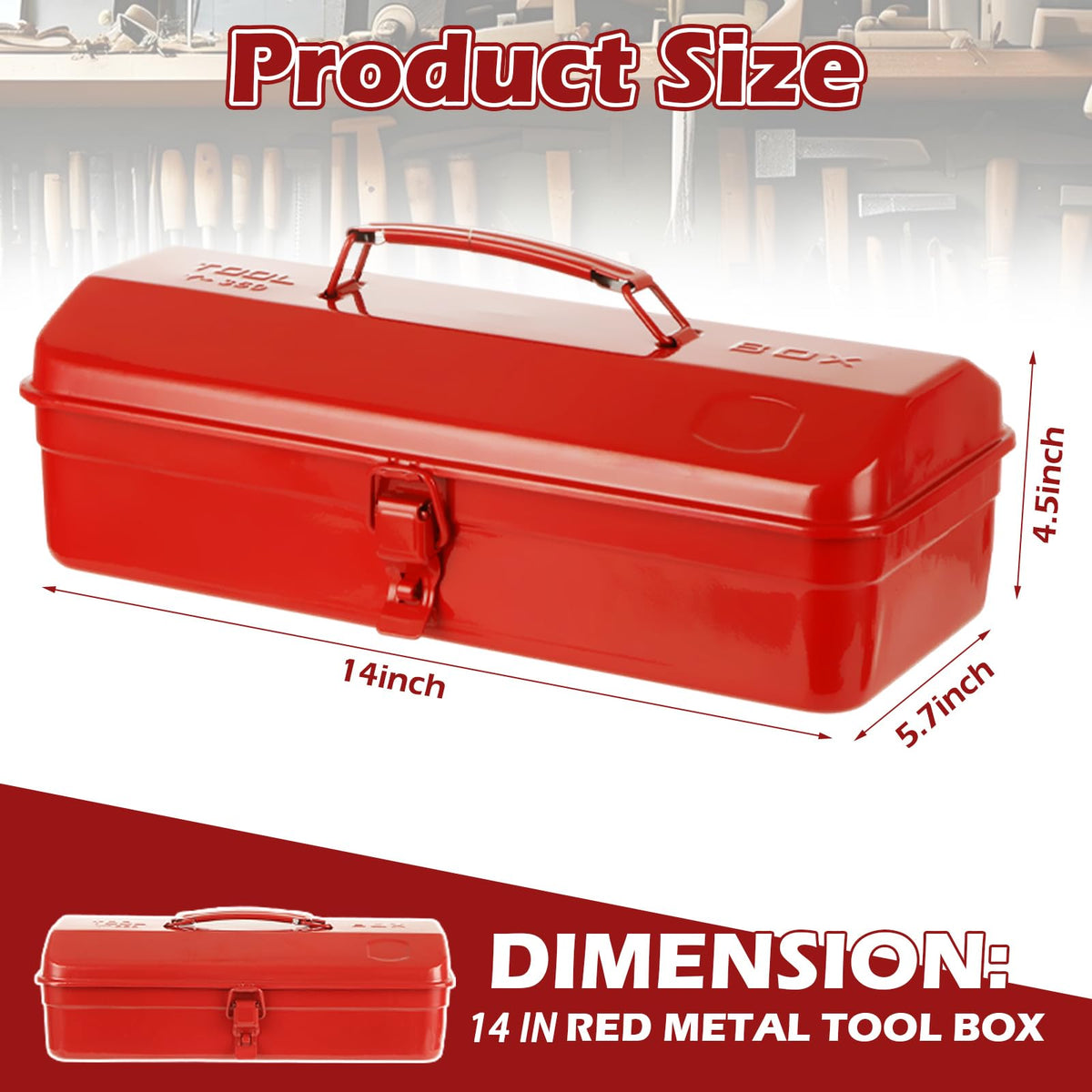 14 Inch Red Metal Tool Box with Latch and Handle F65243