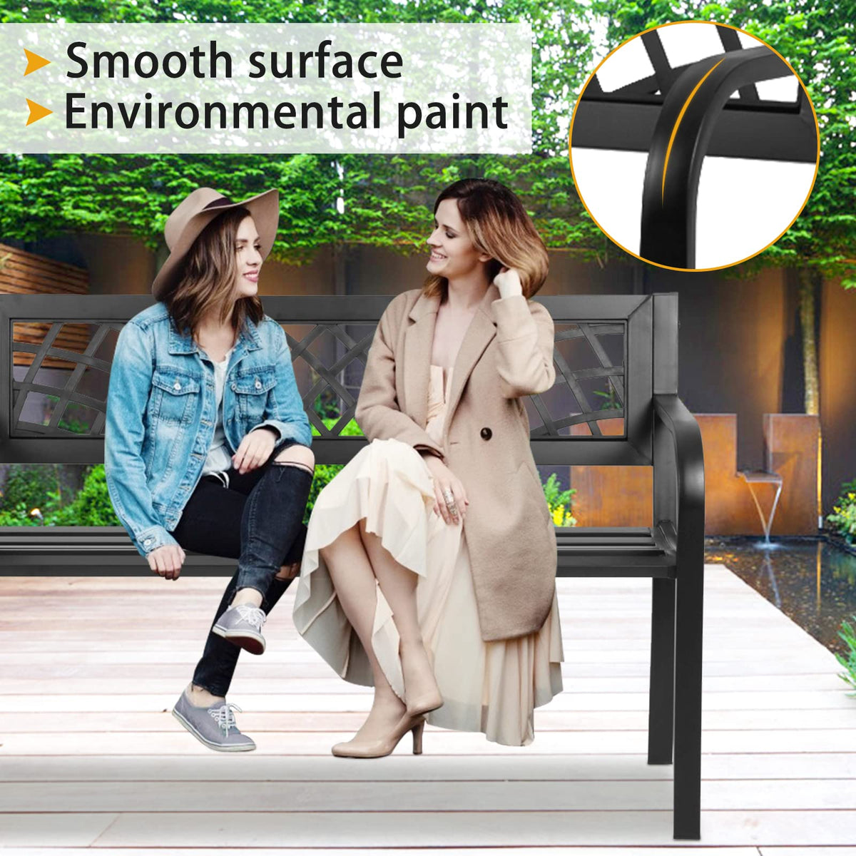 Black Cast Iron Outdoor Garden Bench with Mesh Backrest W7411