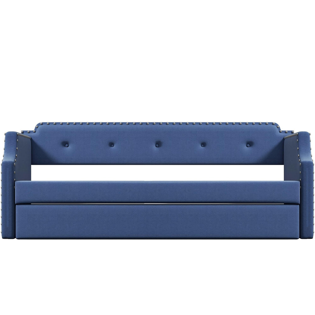 Blue Linen Fabric Upholstered Twin Daybed with Trundle I957440