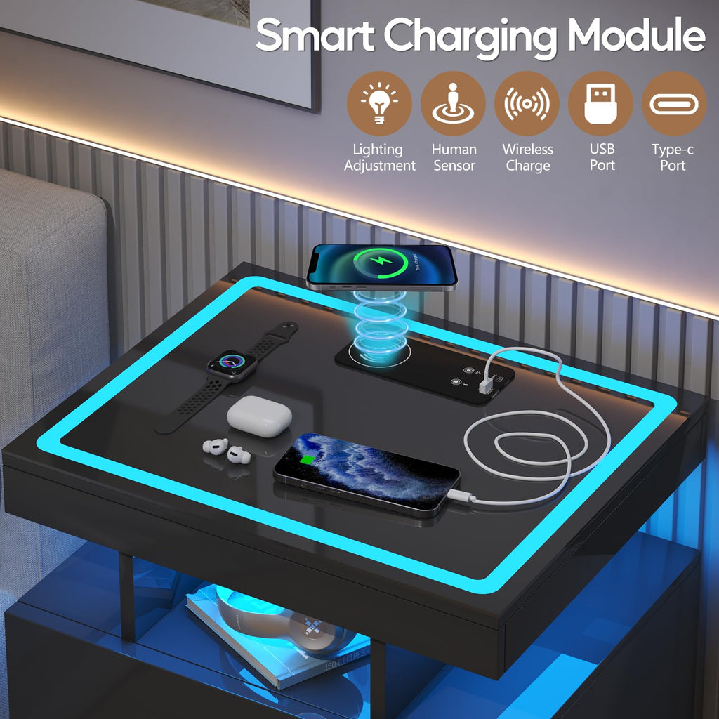 Black LED Nightstand with Wireless Charging Station D7806
