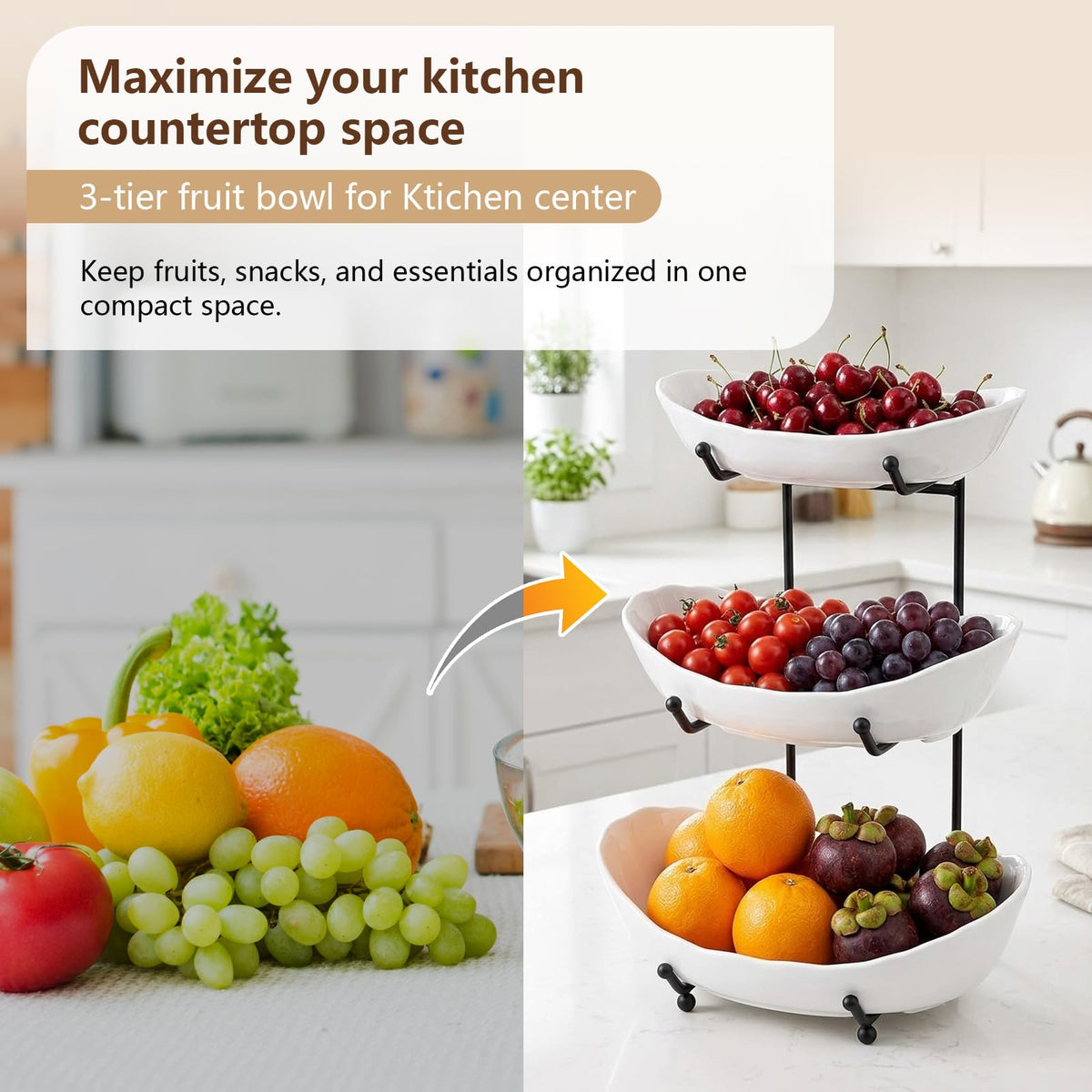 3 Tier Ceramic Fruit Bowl with Metal Stand O158