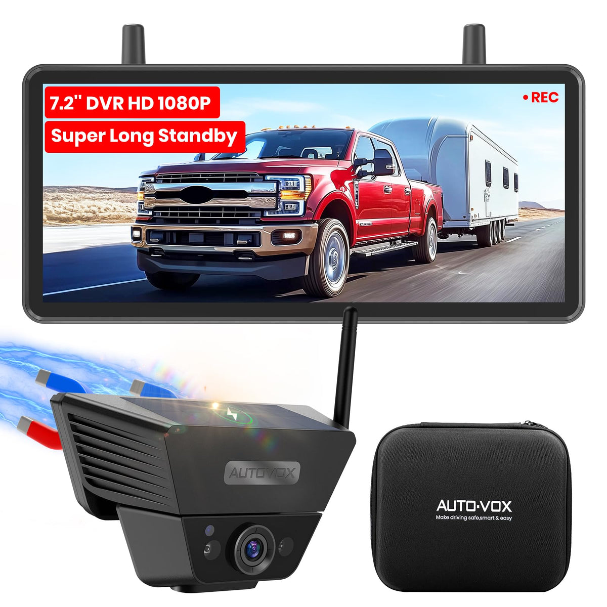Wireless Backup Camera Solar Magnetic 7.2" 1080P Monitor B761175