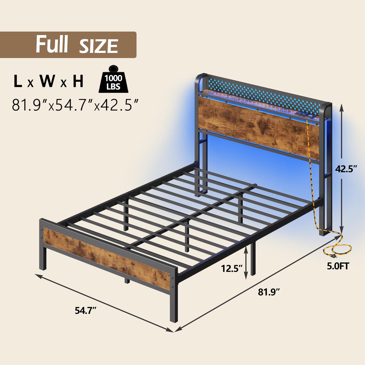 Full Bed Frame with Headboard and LED Lights Q62854