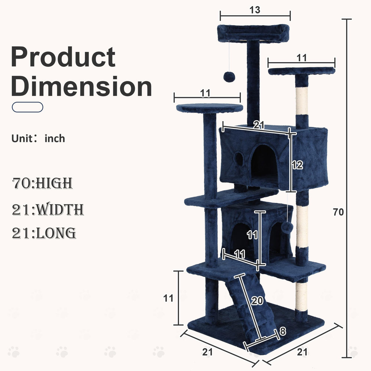 70 Inch Navy Blue Multi-Level Cat Tree with Scratching Posts H8404
