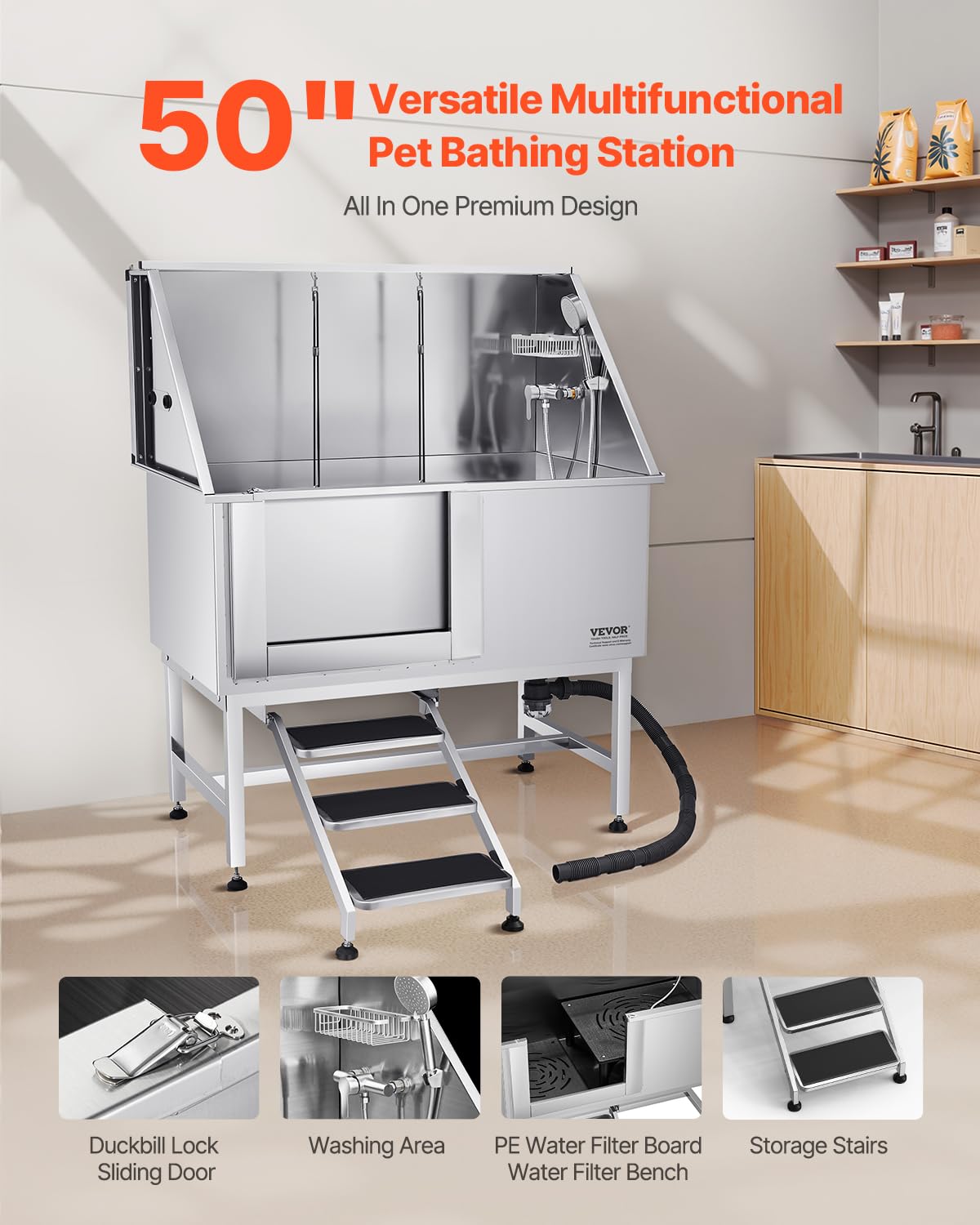 Stainless Steel 50 inch Pet Grooming Tub with Stairs F414970