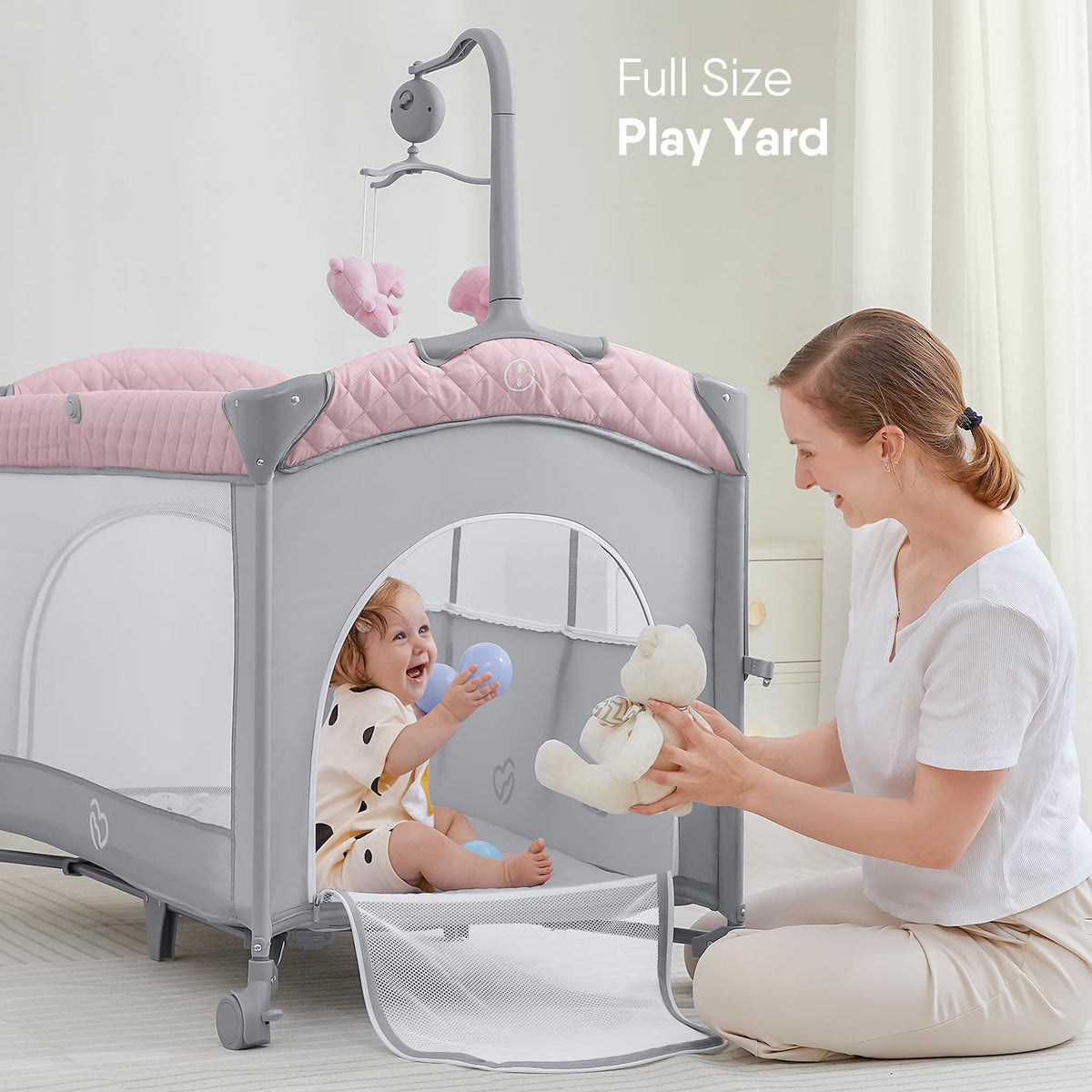 Pink Baby Bassinet Bedside Crib with Mattress E475