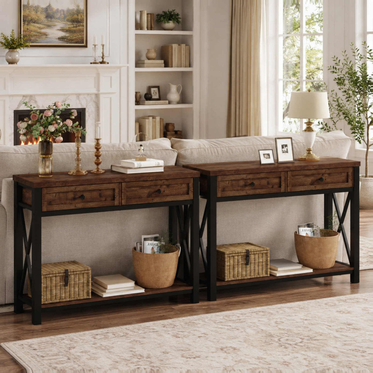 Rustic Oak 47 Inch Console Table with 2 Drawers Q22514
