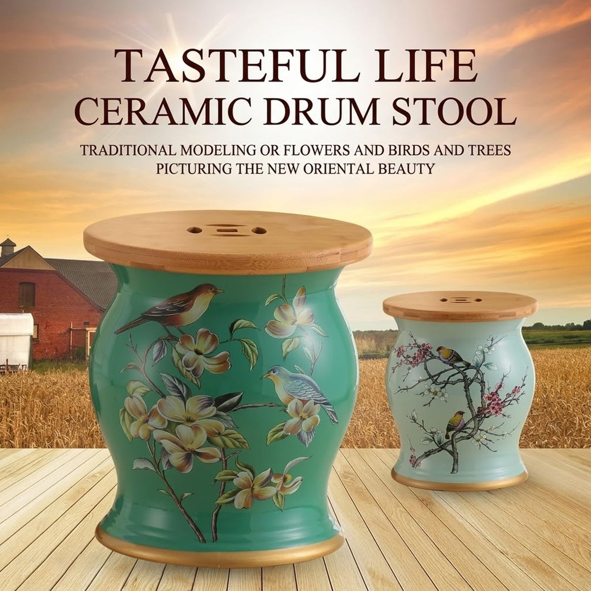 Ceramic Garden Drum Stool with Wood Top R58761