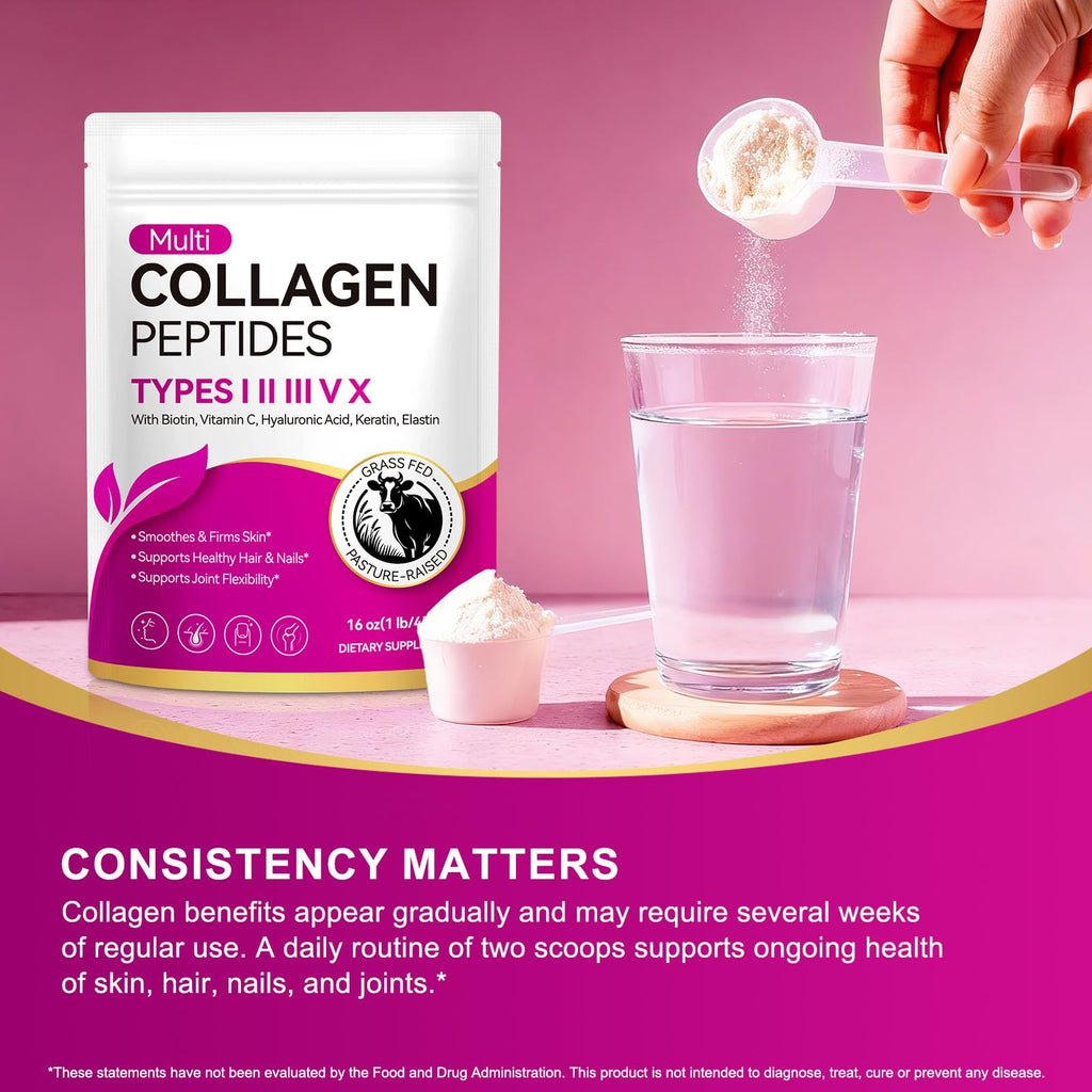 Multi Collagen Peptides Powder Types I II III V X 16 Oz Hydrolyzed with Biotin Unflavored I723807