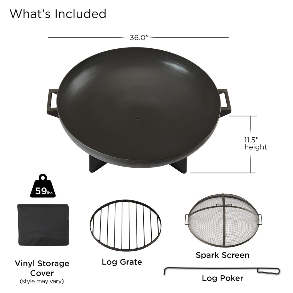 36” Round Wood Burning Steel Fire Pit with Spark Screen, Poker, Log Grate and Storage Cover J550