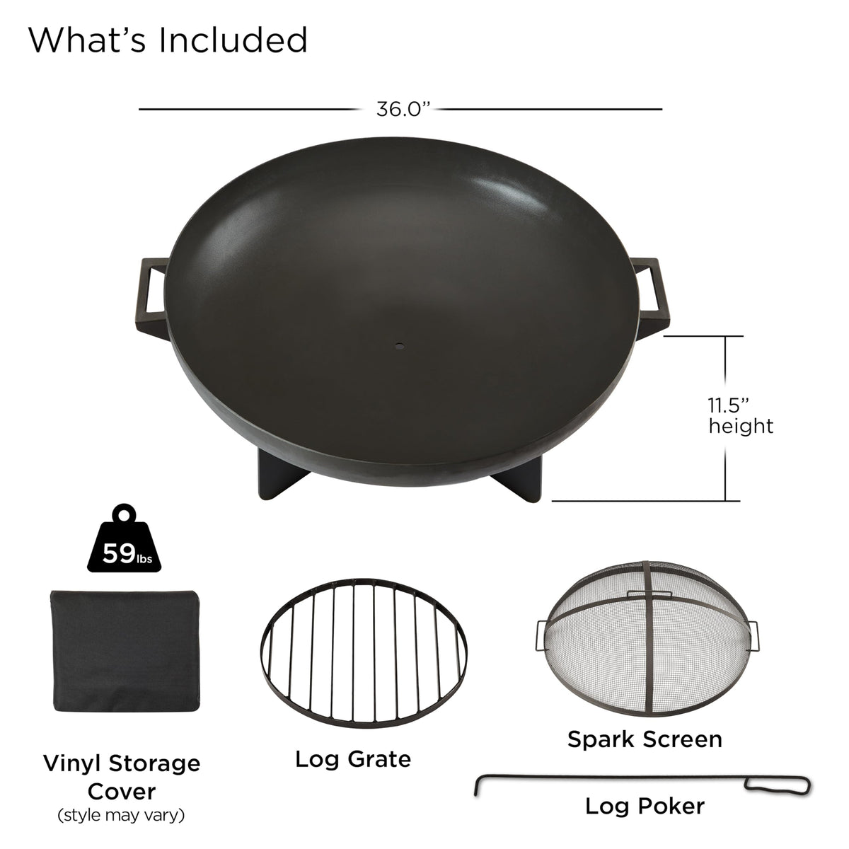 36” Round Wood Burning Steel Fire Pit with Spark Screen, Poker, Log Grate and Storage Cover J550