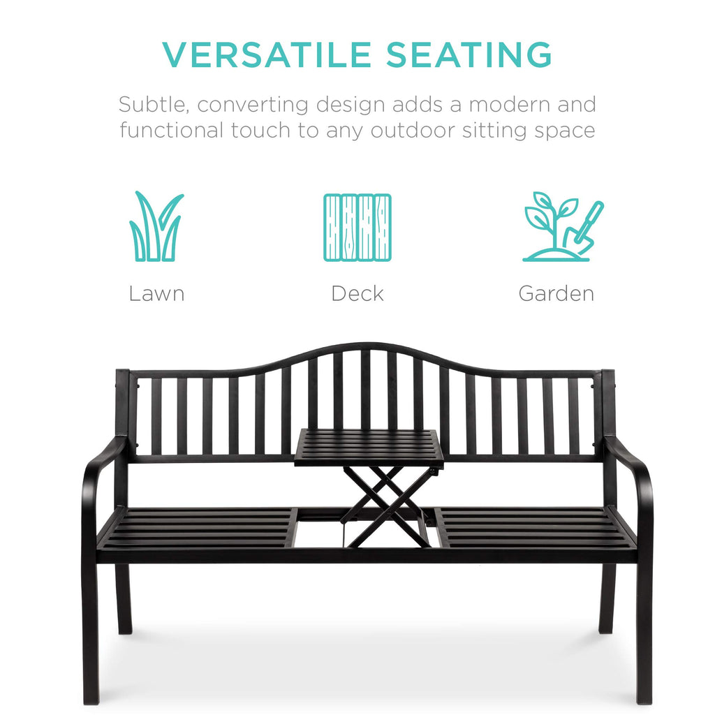 Black Steel Outdoor Garden Bench with Pullout Middle Table E28644