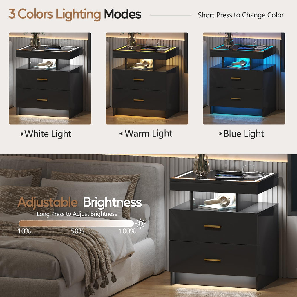 Black LED Nightstand with Wireless Charging Station D7806