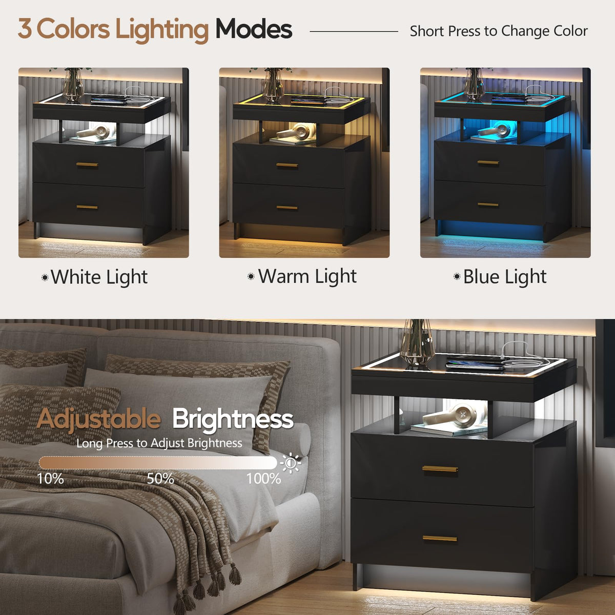 Black LED Nightstand with Wireless Charging Station D7806