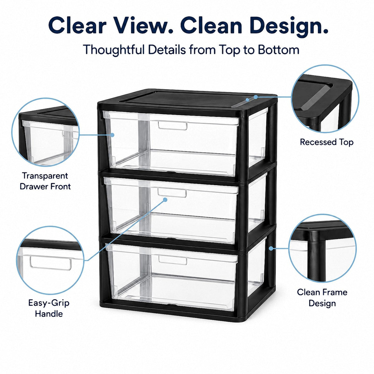 Black 3 Drawer Plastic Storage Tower with Clear Bins O5135