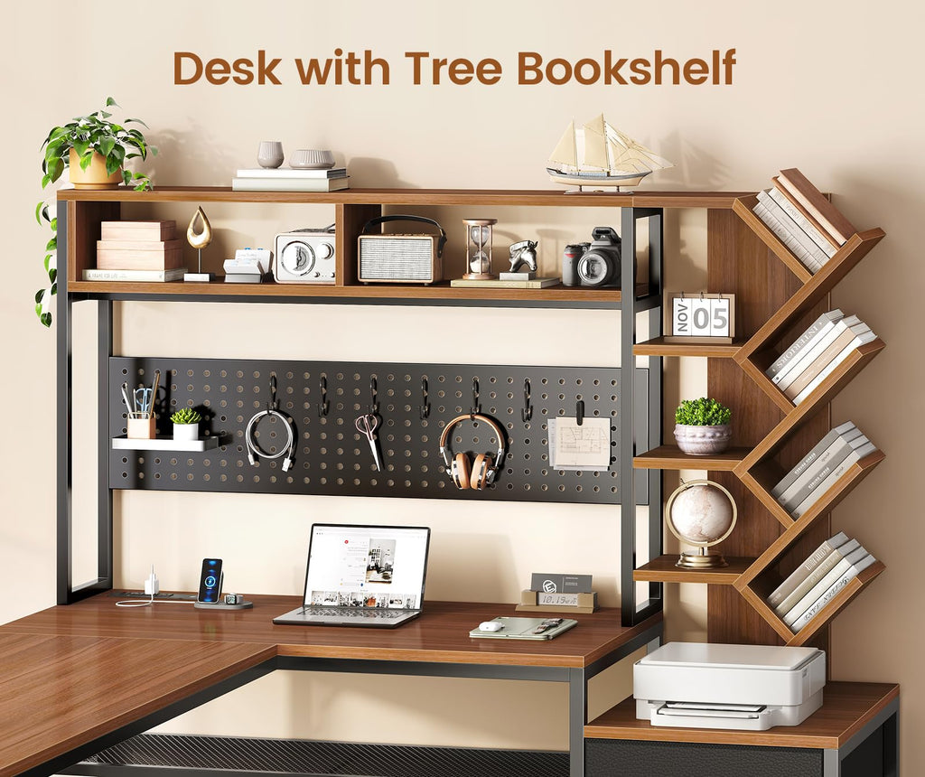 L Shaped Office Desk with Drawers and Hutch J9006