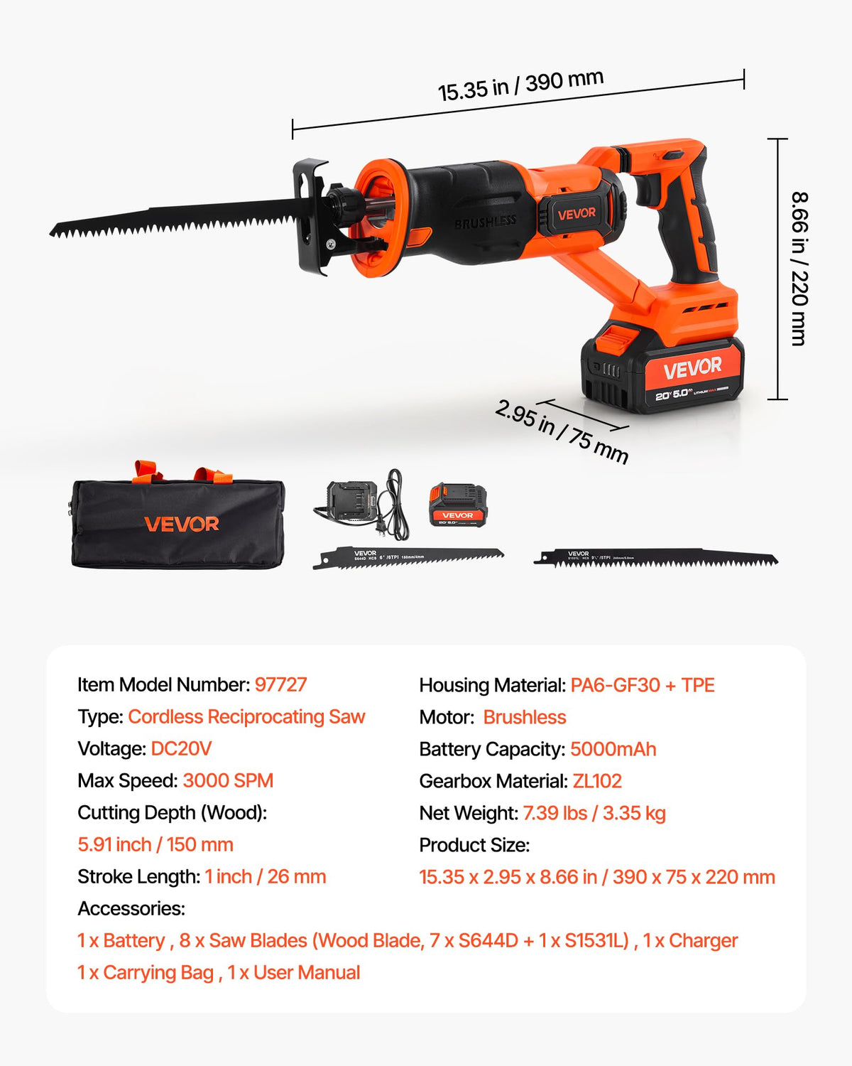 20V Cordless Reciprocating Saw with Battery, 8 Blades, and Carrying Bag A49937