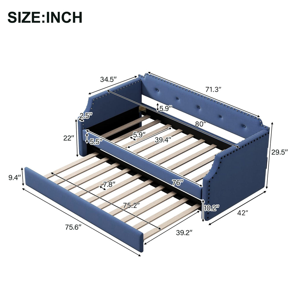 Blue Linen Fabric Upholstered Twin Daybed with Trundle I957440