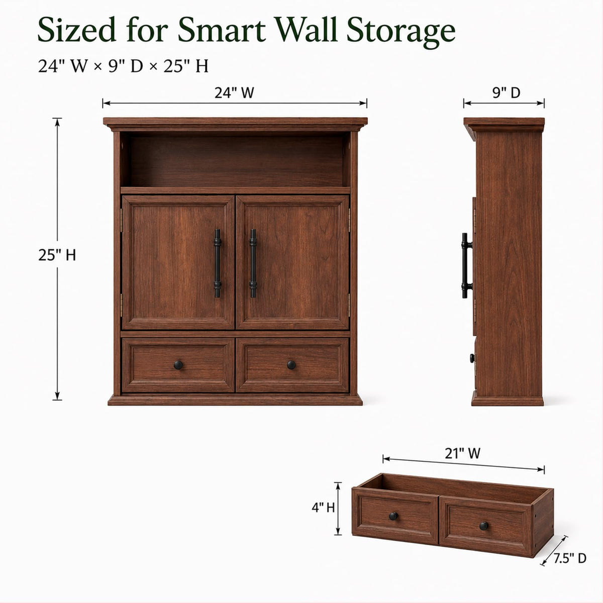 24" Wall Mounted Bathroom Storage Cabinet with Adjustable Shelf, Open Shelf, Double Doors and Drawer, Walnut M3087