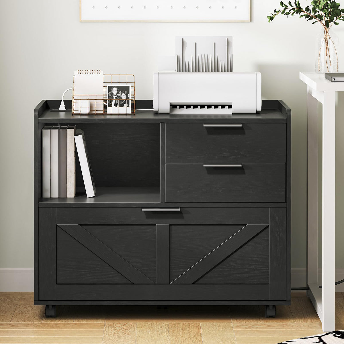 Black Wood Lateral File Cabinet with Charging Station X970866