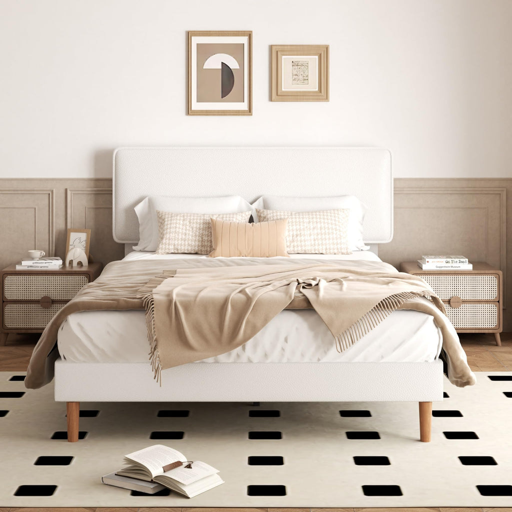 White Upholstered Bed Frame with Adjustable Headboard C850
