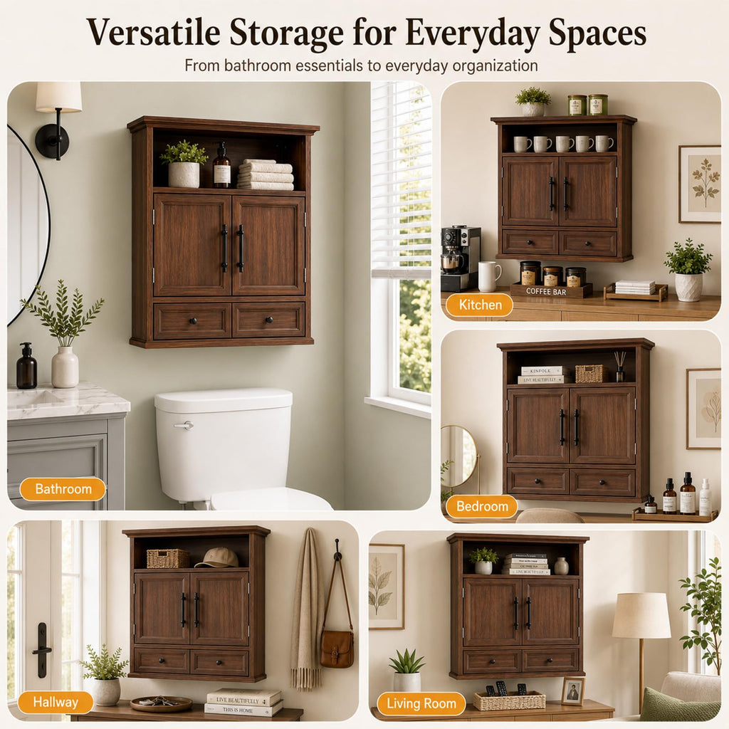 24" Wall Mounted Bathroom Storage Cabinet with Adjustable Shelf, Open Shelf, Double Doors and Drawer, Walnut M3087