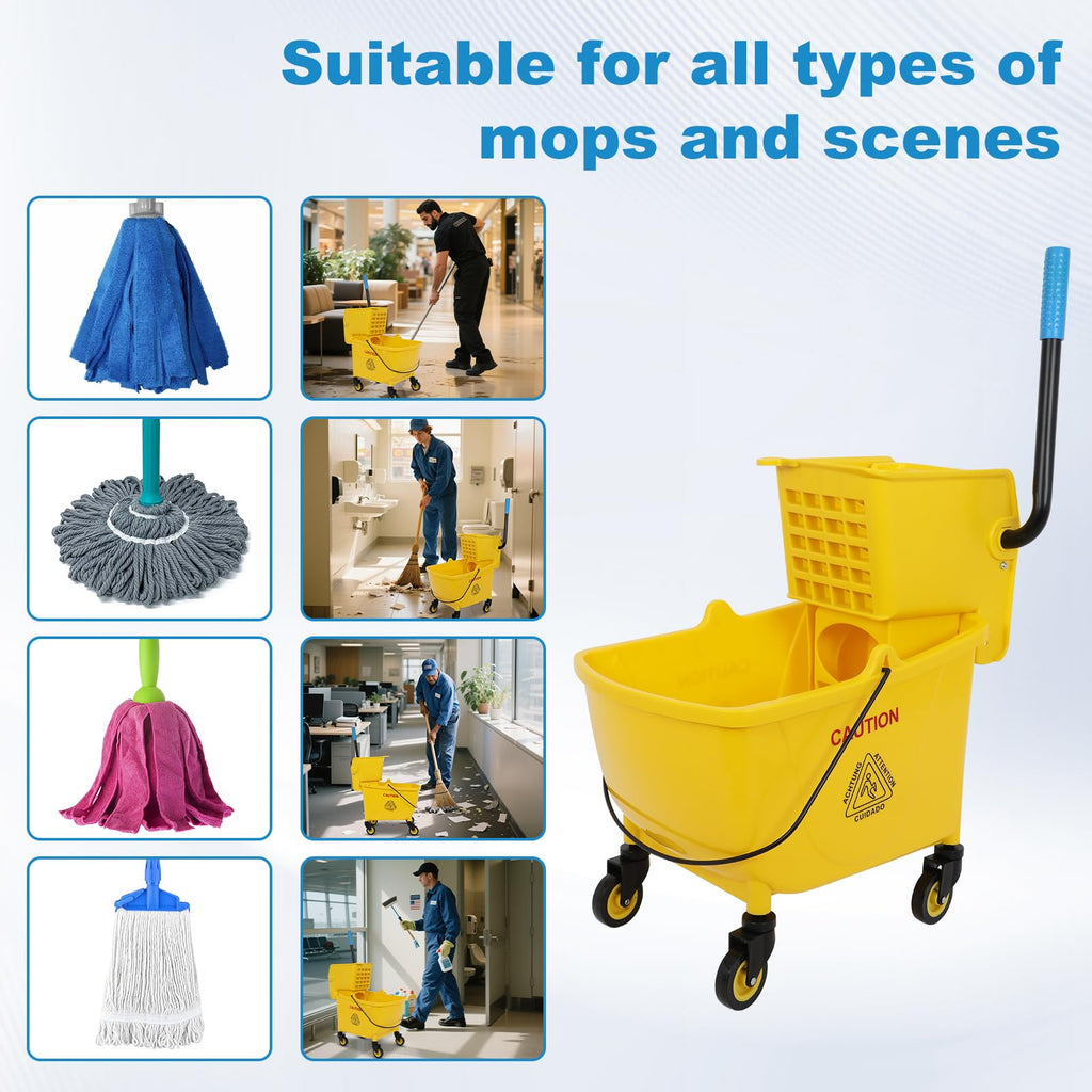 35 Qt Yellow Mop Bucket with Wringer on Wheels and Mops Set A5619