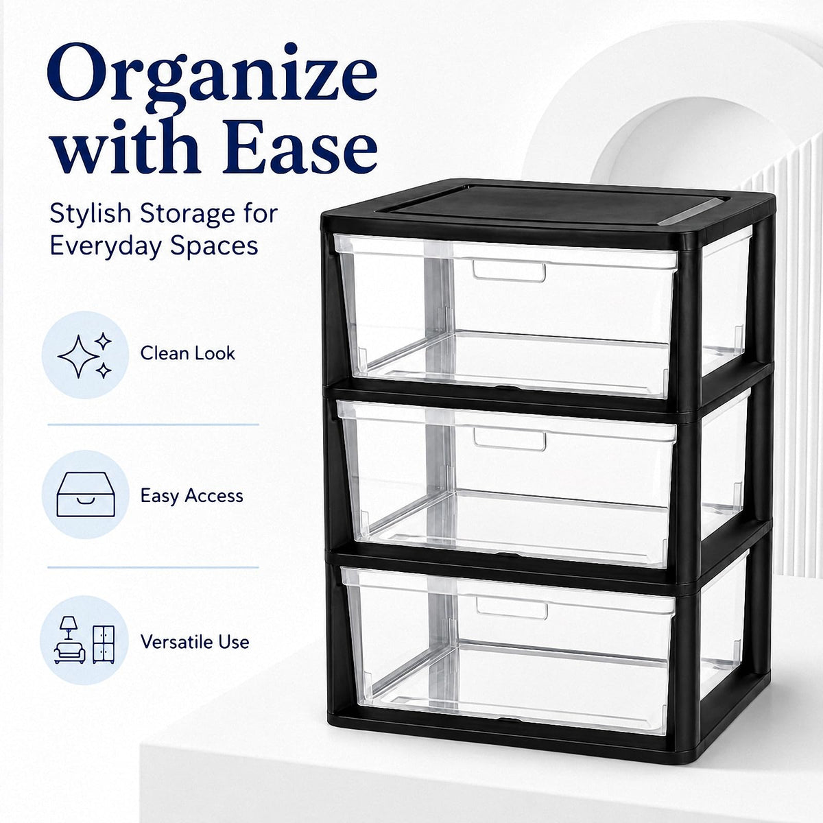 Black 3 Drawer Plastic Storage Tower with Clear Bins O5135