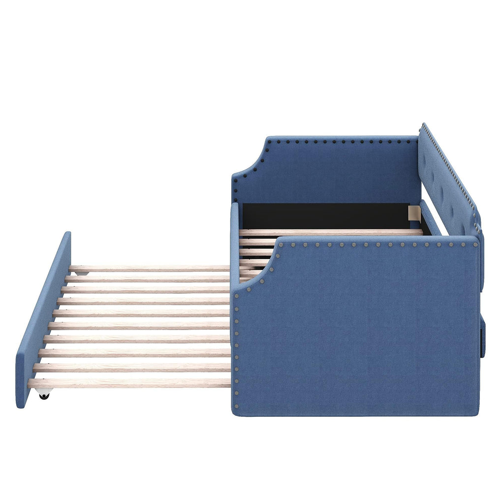 Blue Linen Fabric Upholstered Twin Daybed with Trundle I957440