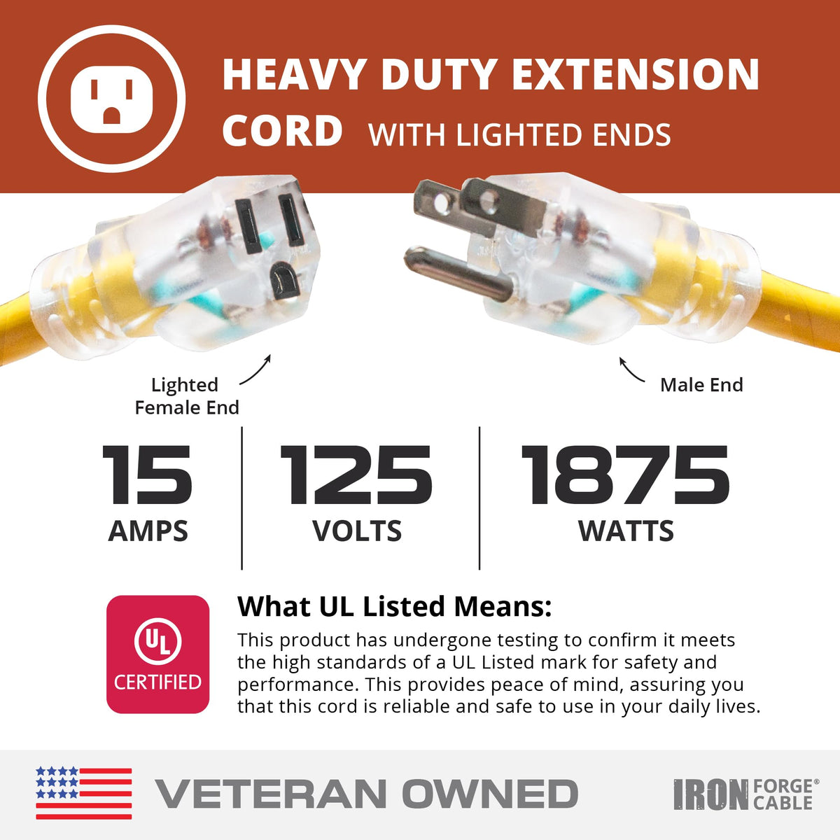 100 Foot Outdoor Extension Cord 12/3 SJTW Heavy Duty Yellow 3 Prong 15 AMP Q522605